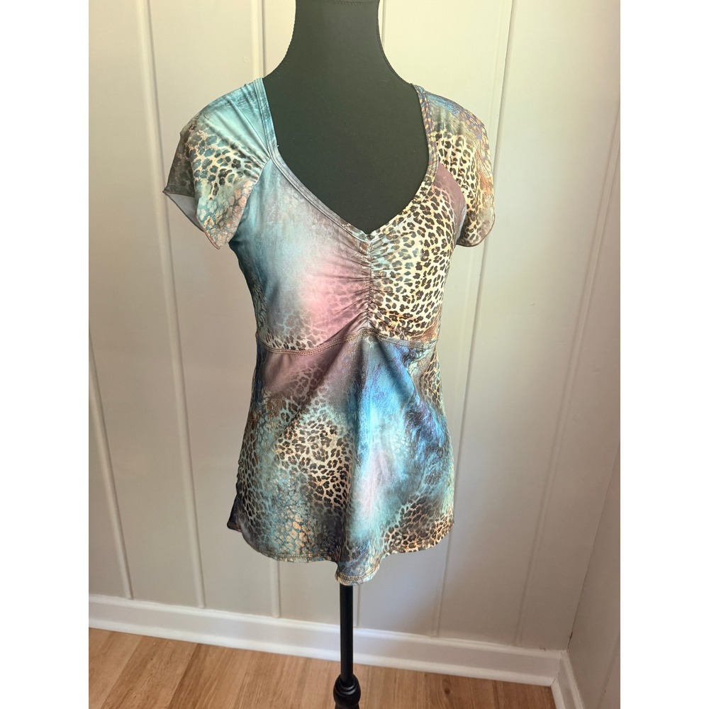 Leopard Print Empire Waist Ruched V-Neck Top Blue Pink Brown